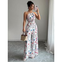 Women's Floral Print Jumpsuit, Bow Tie Waist Elegant Romper, Casual Fitted for Daily Outdoor Wear, Stylish Ladies' Clothing
