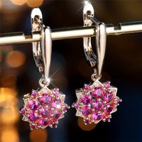 Rose Red Crystal Round Zircon Sunflower Hoop Earrings for Women Rose Gold Color Wedding Flower Jewelry Engagement Gift
