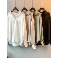 Gadinus Women Solid Color Long Sleeve Button Up Shirt Loose Fit Curved Hem Casual Blouse Top