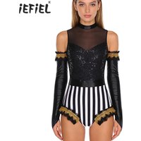 Womens Metallic Shiny Circus Ringmaster Lion Tamer Cosplay Costume Sequin Ruffled Trim Latin Dance Leotard Bodysuit with Gloves