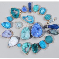 1pc Natural Trendy Blue Druzy Quartz Pendant Raw Stone Crystal Agates Connector Charms for DIY Necklace Bracelet Jewelry Making