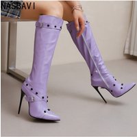 NASBAVI Women's Knee High Boots Sexy Point Toe Autumn Winter Shoes Heeled Long Boot Ladies Party Dance Shoes Large Size 45