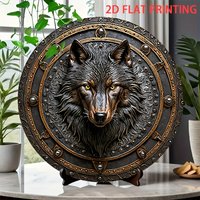 2D Flat, Wolf Head Emblem Metal Shield Wall Decor - 8 Inch Round Wrought Iron Wolf Head Sign, HD 2D Printed Door-Mounted Emblem
