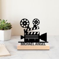 1pc Stylish personalized custom Movie projector Metal statues Metal Art with Wooden Base suitable for office, bedroom, living ro