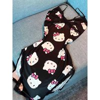 Hello Kitty Spring-Summer New Arrival Strap Sleep Dress, Black Lace Trim, Y2K Anime Style, Perfect for Bestie Outfits