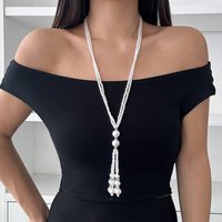 KunJoe Elegant Imitation Pearl Long Tassel Necklace for Women New Seed Beads Choker Adjustable Sweater Collar Chain Neck Jewelry