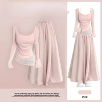 Elegant Spring Set Women's Pink Pure Desire Slim Fit Long Sleeve Top with High Waist Wide Leg Pants Two Piece Suit