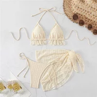 Halter String Triangle 3 Piece Bikini Set Beige Lace Mesh Sexy Swimsuit Women 2026 Cover Up Swimwear Bathing Suit Bikinis Dames