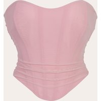 Women Pink Mesh Strapless Corset Top Sweetheart Neck Ruched Lace Up Back Tummy Control Slim Hourglass Waist Shaping Bustier