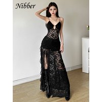 Nibber Sexy See Through Lace Sleeveless Long Dress Women Patchwork Summer Backless V-neck Side Slit Party Evening Maxi Vestidos