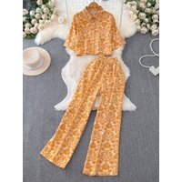 Casual Floral Print Neck Short Sleeve Shirt And Wide Leg Pants Two Piece Set Women's Vacation Style Loose Fit Spring Fas...