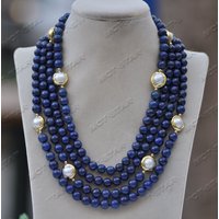 Z11667 4Row 20" 14mm White Pearl Lapis Lazuli Necklace
