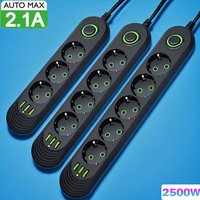 2500W EU Plug AC Outlet Multiprise Power Strip Extension Cord European Standard Socket Network Filter With USB Ports Charging
