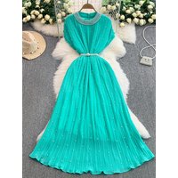 Ele round Ne Beaded Dr Women's Summer Slimming Gored Skirt High Waist A-Line Dr ort Sve Comfortable Fit