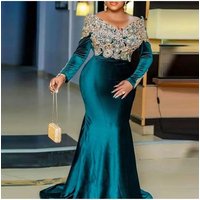 Elegant Velvet Mermaid Prom Dress Long Sleeved Gold Bead Boat Neck Plus Size Evening Dress African Women's Party Gown Customized