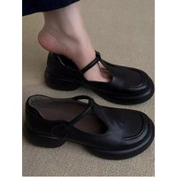 Leather Mary Jane Shoes Women's round Toe Thick Heel Commuter Black Small Leather Single Shoes Fashionable French Style Slip-On