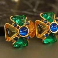 Europe America Vintage Green Glazed Cross Luxury Earrings Woman Top Quality Glamorous Jewelry Trend