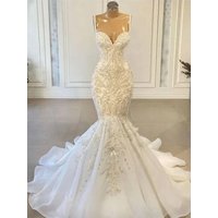 Luxury Mermaid Wedding Dresses Beaded Appliques Vintage Lace Up Back Bridal Gown Spaghetti Straps Vestido De Novia