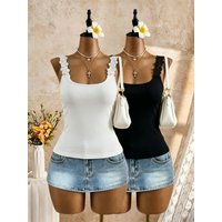 2 Pcs Women Lace Trim Spaghetti Strap Tank Top Ribbed Knit Square Neck Slim Fit Solid White Black Casual Cami Vest