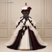Gothic Black Burgundy Wedding Dress One Shoulder Ivory Tulle Ball Gown Lace Corset 3D Floral Medieval Bridal Dresses Customized