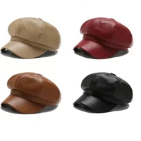 Autumn and Winter Leather Octagonal Hat Women's British Style Retro Casual Beret Cute Fashion Versatile