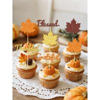 YOMDID 24Pcs Thanksgiving Theme Cake Toppers Cupcake Picks with Maple Leaf Thanksful Grateful & Blessed Designs Fall Decorations