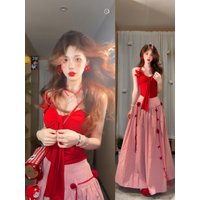 Sister Style Red Knot Halter Top High Waist Maxi Skirt Set Women Summer Fashion Outfit High Waist Bell Bottom Skirt
