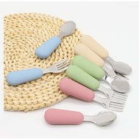 Silicone stainless steel spoon fork food grade 304 stainless steel easy to grip silicone handle baby food feeding spoon fork