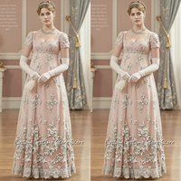 Customized Victorian Court Style Pale Pink Square Neck Ball Gown Half Sleeve High Waist A-Line Diamonds Stereoscopic Applique