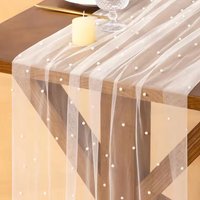 300x80cm White Pink Pearl Table Runner Tulle Spring Easter Cheesecloth Gauze Dining Wedding Birthday Party Baby Shower