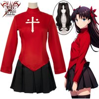 Game Tohsaka Rin Cosplay Costume Wig Anime Fate Stay Night Women Red Shirt Skirt Stocking Hairpins Halloween Dresses Party Set