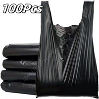 100Pcs Black Disposable Trash Bags Retail Supermarket Grocery Shopping Bag with Handle Bag Kitchen Living Room Garbage Clean Bag
