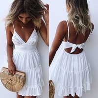 Summer Women Sexy Lace Backless Spaghetti Strap Dress Solid Color Female Sleeveless V Neck Dresses Lady A-Line Beach Dress