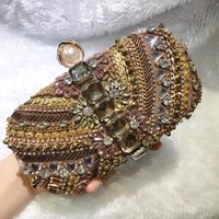 SHELKSBAG Women Stone Heavy Beaded Evening Bags Vintage Brown Suede Rhinestone Metal Formal Events Clutch Bag Luxury Party Purse