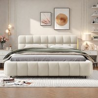 Rosahqnda Polsterbett, Jugendbett, Doppelbett mit weicher Rückenlehne, Flachbett mit Polsterumrandung, Lattenrost Linen Beige