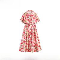 Fashionable Floral Print Midi Dress with Belt Spring Summer New Arrival Women's Dress Polyester Fabric Bubble Sleeve A-Line S...