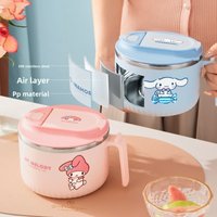 Hello Kitty Printed Noodle Bowl Cute Cartoon Instant Ramen Bowl with Lid and Foldable Fork Portable Microwave Safe for Work