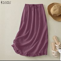 2026 ZANZEA Women Casual Elastic Waist Midi Skirt Vintage Jupe Summer Solid Loose Faldas Saia Stylish Ruffled Holiday Sundress