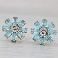 Luxury Silver Color Sea Blue CZ Stud Earrings Woman Oval Flower Party Daily Wear