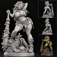 MythForge Szara Kobieca Figurka Goblinka, Niesfarbiona, Wyprodukowana w Technologii 3D, Model Jednoczęściowy, Figurka Kolekcjonerska z Żywicy do Samodzielnego Malowania