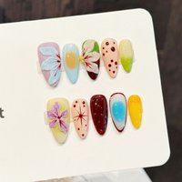 Handmade Y2k Press On Nails Multicolor Gradient Fake Nails 3D Flower Decor Wearable Almond Tip False Nails With Polka Dot Design