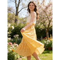 plus Size Women's Elastic Waist Midi Skirt Yellow Floral Print High Waist A-Line Skirt Draped Hemline for Full Figured Ladies