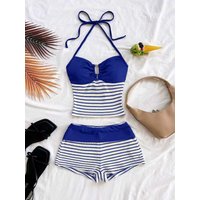 This Two-Piece Set Features a Blue Color-Blocked Neckline Top Paired with Matching Color-Blocked Shorts in a Textured Fabric. It