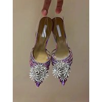 Spring 2024 Sexy Women's High Heels Diamond Embellished Pointed Toe Thin Heel Sandals Wrap around Ankle Strap Fashionable Sli...