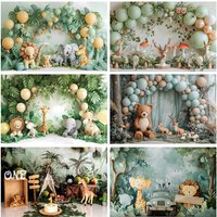Jungle Forest Photography Backdrop Safari Wild Animals Balloons Newborn Baby Shower Kids Birthday Party Decor Banner Background