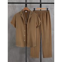 Men's Summer Ice Silk Ribbed Set, Khaki Lapel Short Sleeve Shirt + Drapey Straight Pants