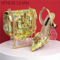 Yellow Color Peep Toe Italian Design Women's Shoes and Bag Set for Everyday and Banquet Party Women's Shoes And Bag Set