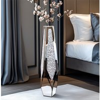 34 Inch Tall Decorative Flower Vase with Crushed Diamond Detail Mirrored Silver Glass Standing Corner Vase for Home Decor