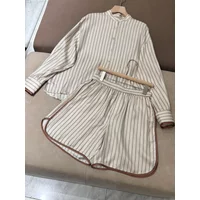 Linen two piece set for women 2025 new vacation style short sleeve lapel shirt with waist cinched long pants elegant casual wear