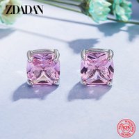 ZDADAN 925 Sterling Silver 11mm Square Pink Zircon Earring For Women Wedding Jewelry